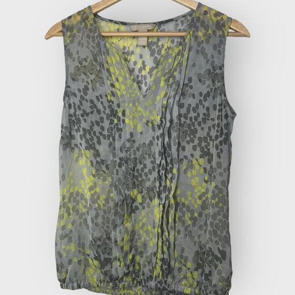Banana Republic S Gray Green Ruched Blouse V-Neck Sleeveless Abstract Print Top - Picture 1 of 6